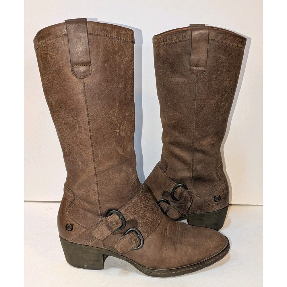 Born Magda Tall Brown Leather Riding Boots Buckle Zip Women's 8.5 EU 40 Lined